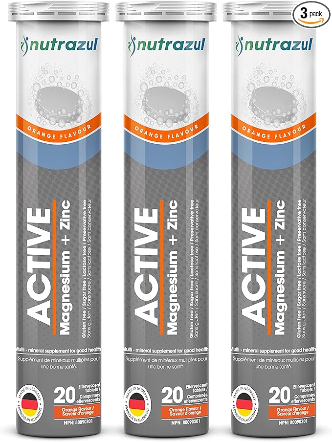 Nutrazul Active Magnesium and Zinc Effervescent Tablets | 60 Tablets | Magnesium Supplements for Muscle Recovery & Electrolyte Balance | Orange Flavor