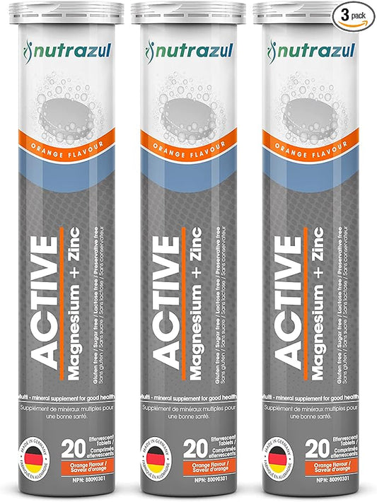 Nutrazul Active Magnesium and Zinc Effervescent Tablets | 60 Tablets | Magnesium Supplements for Muscle Recovery & Electrolyte Balance | Orange Flavor
