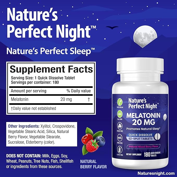 Nature's Perfect Night | Melatonin 20mg | 180 Quick Dissolve Tablets | Natural Mixed Berry Flavor |High Potency | Sugar Free | Vegan | Gluten Free | Value Size