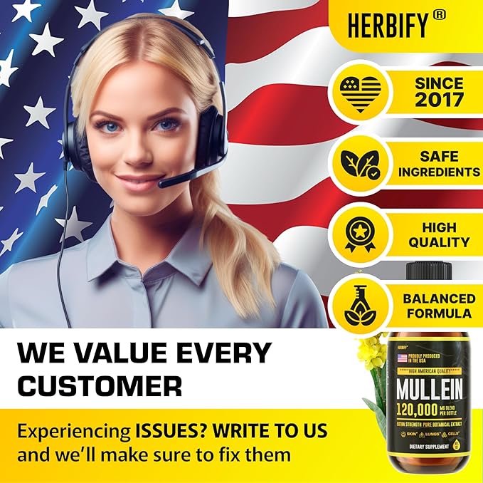 HERBIFY Mullein Drops - Lung Cleanse - Leaf Extract - Powerful Mullein for Immune Support,Detox & Respiratory Support - Made in USA - Herbal Supplements - 4 Oz