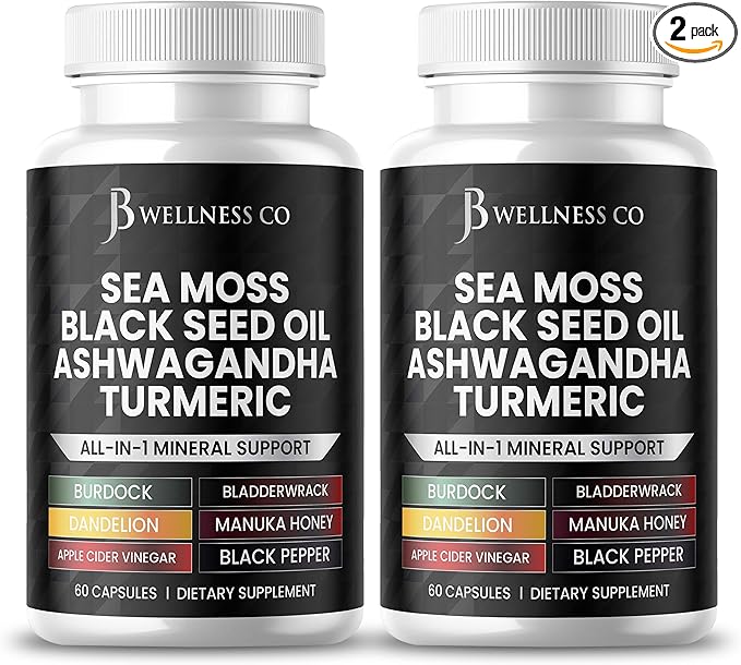 Sea Moss Black Seed Oil Ashwagandha Turmeric Bladderwrack Burdock - with Manuka, Honey Dandelion, ACV Black Pepper Gluten Free- 120 Count