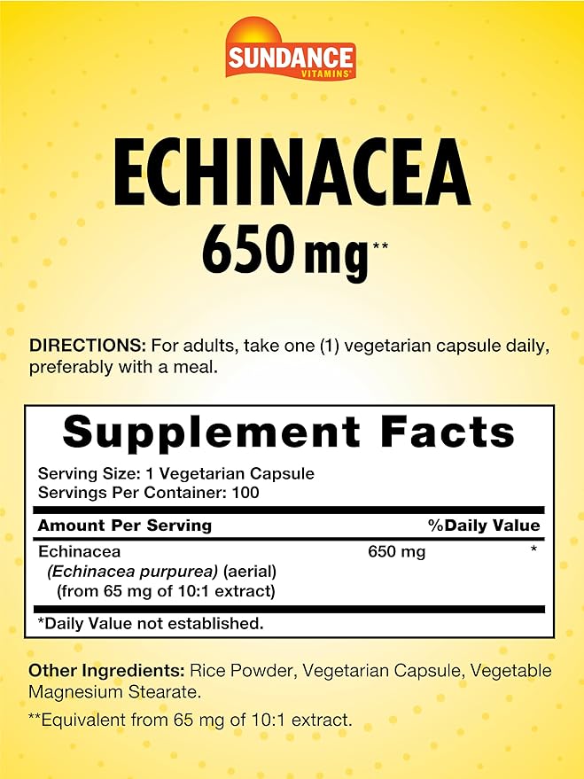 Sundance Echinacea 650mg | 100 Capsules | Traditional Herb Supplement | Vegetarian, Non-GMO, and Gluten Free Formula