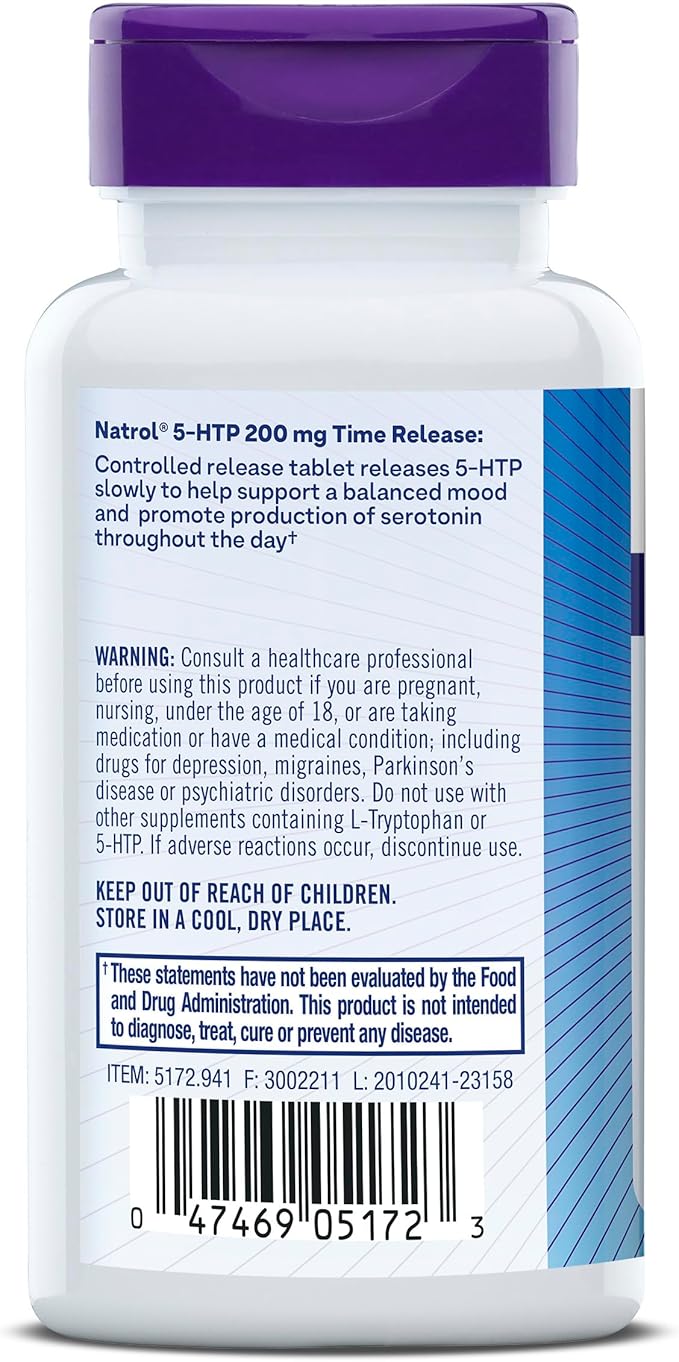 Natrol 5-HTP 200 mg, Time Release, Support a Balanced Mood, Dietary Supplement Provides Serotonin Production Throughout the Day, 30 Tablets, Up to a 30 Day Supply