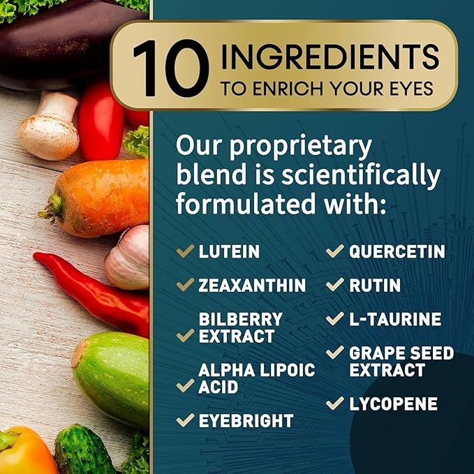 Eye Vitamins & Mineral Supplement - Contains Lutein, Zinc, Vitamins C, E & Zeaxanthin - Supports Eye Strain, Vision Macular Health & Dry Eyes for Seniors with Lycopene, Gluten Free - 120 Capsules