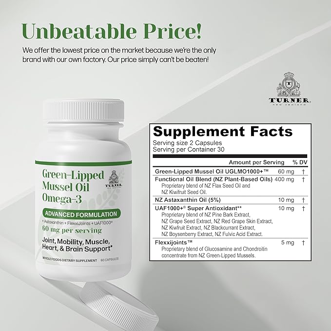 TURNER New Zealand Green Lipped Omega-3 Mussel Oil, 53x Higher Potency with UAF1000+ Super Antioxidant for Superior Joint Comfort & Mobility, No Fishy Aftertaste, 3 Bottles, 180 Softgels