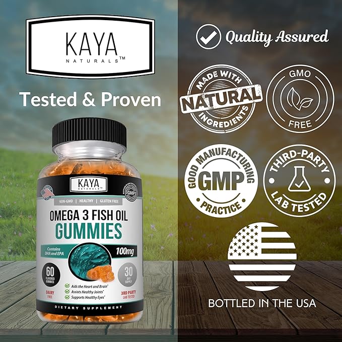 Kaya Naturals Omega 3 Fish Oil Gummies -Fish Oil Supplement with EPA & DHA Fatty Acids - Helps Support Brain, Eye, Heart Health & Immune Support - Non-GMO - 60 Count