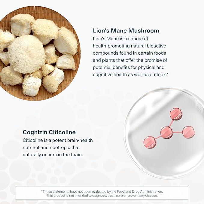Youtheory Lion's Mane Plus - Mushroom Supplement with Cognizin - Offers Focus & Brain Support* - 60 Vegetarian Capsules