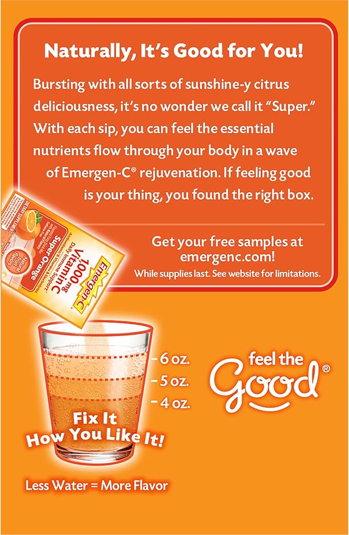 Emergen-C 1000mg Vitamin C Powder for Daily Immune Support Caffeine Free Vitamin C Supplements with Zinc and Manganese, B Vitamins and Electrolytes, Super Orange Flavor - 30 Count