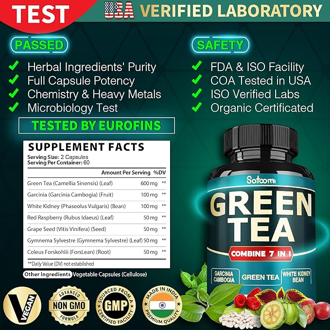 13x Green Tea Extract Capsules 13200mg per Serving with Garcinia Cambogia, Kidney Bean, Raspberry, Grape Seed, Gymnema & Forskohlii - Support Body Management, Mind & Immunity System - 120 Capsules