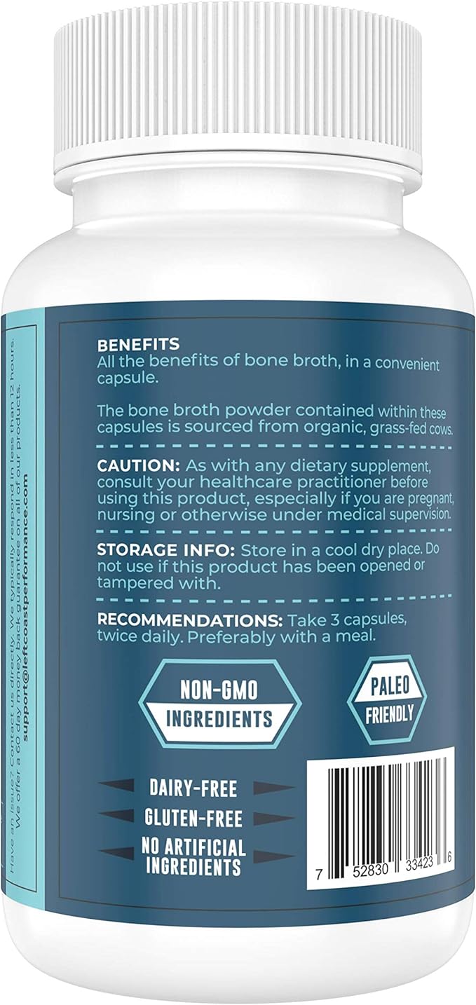 Grass-Fed Bone Broth Capsules with Collagen from Organic Bone Broth Powder. Collagen Supplement for Nails, Hair, Joints and Digestive Health* Support. Gut Friendly-Ingredients, 180 Capsules