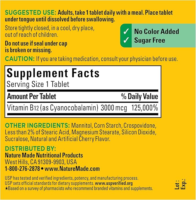 Nature Made Vitamin B12 3000 mcg, Easy to Take Sublingual B12 for Energy Metabolism Support, 40 Sugar Free Fast Dissolve Tablets, 40 Day Supply
