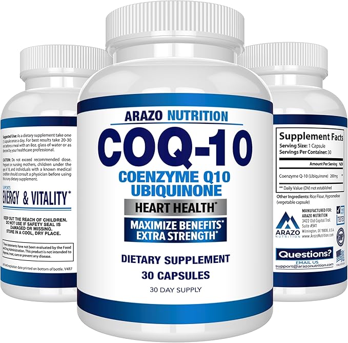 Arazo Nutrition CoQ10 Ubiquinone Coenzyme Q10-200mg Maximum Strength Nutritional Supplement - High Absorption Capsules with No Soy
