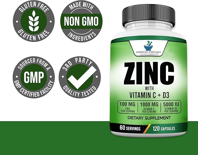 American Standard Supplements Zinc 100mg, Vitamin C 1000mg, and Vitamin D3 5000 IU (125mcg) Per Serving - Gluten Free, Non-GMO, 120 Capsules, 60 Servings