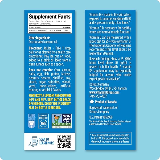 Ddrops Adults 1000 IU 180 Drops, Liquid Vitamin D. Supports Strong Bones & Immune System. No Large Capsules, No Preservatives, Non-GMO, Allergy-Friendly