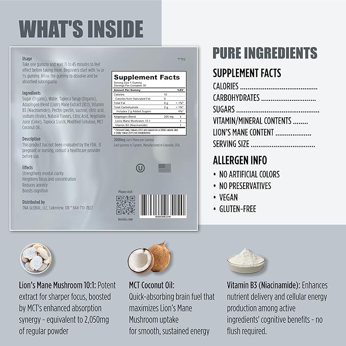 Lion’s Mane Mushroom Gummies 10:1 Extract, Cherry (30 Servings) - Nootropic Brain Support for Focus, Clarity, Memory & Mood - Certified Vegan, Kosher & GMO-Free