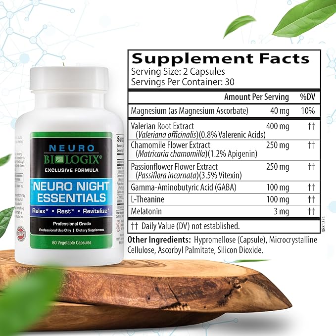 Neuro Night Essentials – Natural Nighttime Support with GABA, Melatonin, Valerian Root, LTheanine, Magnesium & More – Promotes Relaxation, Mood Balance & Rest – 60 Veg Capsules – Made in The USA