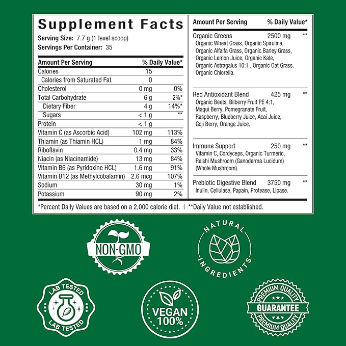 The Feel Good Super Greens Powder - Organic Green Juice, Wheat Grass No Added Sugar, Spirulina, Chlorella, Probiotics, Digestive Enzyme, Antioxidant Rich, Immunity Boost Green Superfood, 35 SVG, Daily