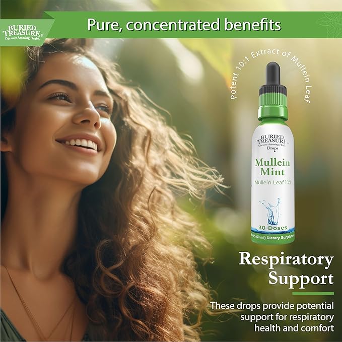 Buried Treasure Mullein Mint Drops: Instant Mullein Tea, Mullein Leaf Extract for Supporting Lungs, No Sugar, Easy-to-Use Drops for Seasonal Support