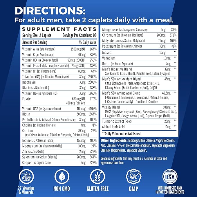 Vitamin World Ultra 360 Multivitamin for Men 50 Plus, Men's 50+ Multivitamin with Minerals & Herbs for Prostate Function, Supplement with Vitamin A, C, D, E & Zinc for Healthy Aging, 180 Caplets