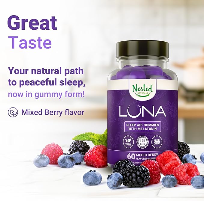 Nested Naturals Luna Sleep Gummies - Non-Habit Forming Melatonin Gummies 3mg with L-Theanine, Valerian Root, GABA, and Lemon Balm - Sleep Gummies for Adults - Mixed Berry, 60 Vegan Gummies