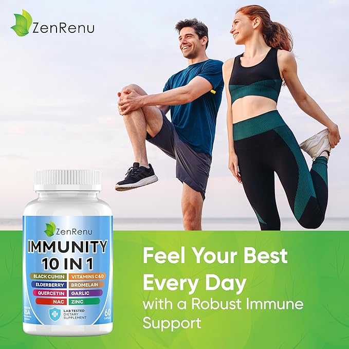 Zenrenu Immune Boosting for Adults - 10 in 1 Immunity Support Supplement with Quercetin, Bromelain, NAC, Elderberry, Vitamin C & D3 for Immune Defense & Antioxidant - Easy to Absorb Capsules