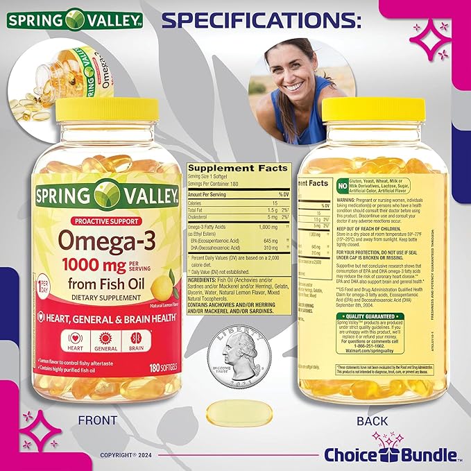 Spring Valley Proactive Support Omega-3 Fish Oil Soft Gels 1000 mg 180 Ct 2 pk (360 Total) + Vitamin Guide & Pill Container (4 Items)!