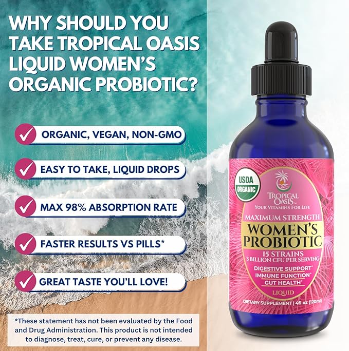 Tropical Oasis USDA Organic Liquid Probiotic for Women | Digestive Support & Gut Health | Liquid Vitamins for Women | 98% Absorption | Vegan, Non-GMO | 40 Servings