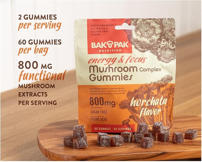 Mushroom Energy&Focus Sugar Free Gummies - Mushroom Supplement with Reishi, Cordyceps, Lion’s Mane, and Ginseng for Natural Energyand Mental Clarity - Natural Horchata Flavor, Gluten-Free, 60 Gummies