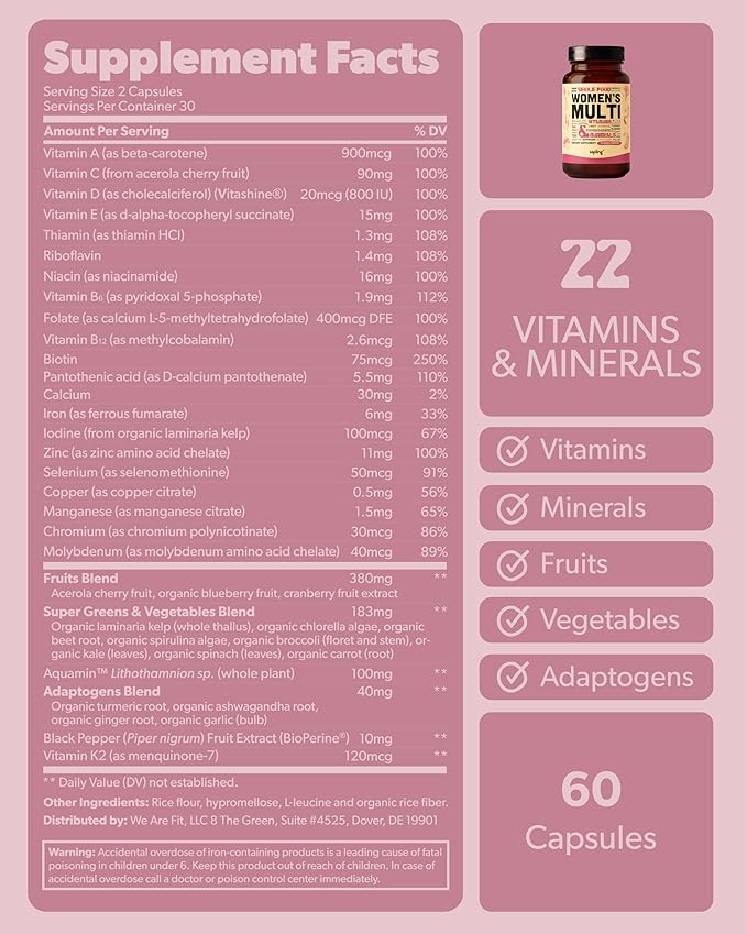 Multivitamin for Women - Daily Women’s Multivitamin - Methylated B Complex with Whole Food Ingredients, Vitamin B12, Folate, A, C, D3, E, K2, Organic Fruits & Vegetables - Vegan, Non-GMO - 60 Caps