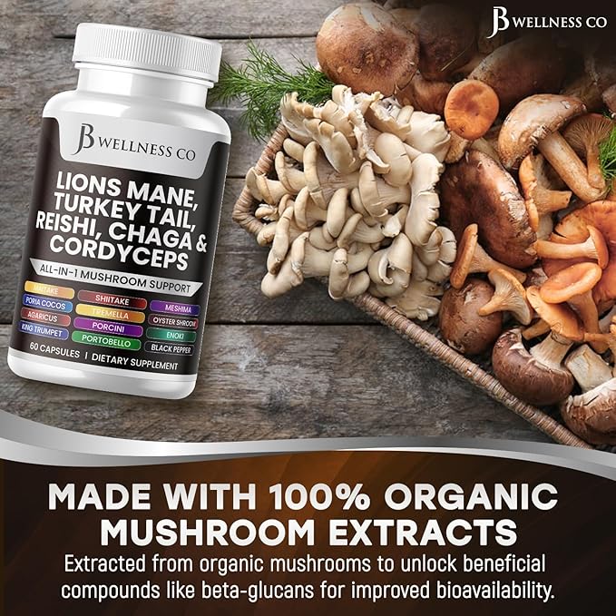 Lions Mane Supplement Cognitive Support, Immune Health with Turkey Tail 20in1 Mushroom Reishi Cordyceps Chaga with Marshmallow Root -180 Count