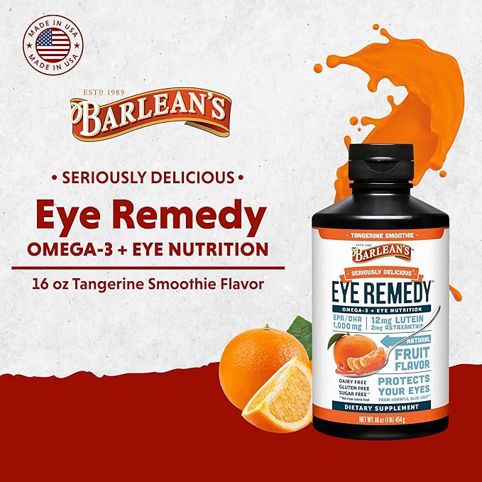 Barlean's Eye Remedy Supplement, Tangerine Flavored Fish Oil Liquid with Lutein, Astaxanthin and Zeaxanthin,1,000mg Omega 3 EPA DHA, Eye Care Supplements, 16 oz