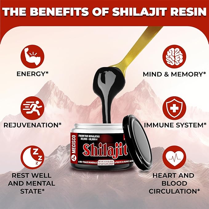 Shilajit Supplement - Shilajit Pure Himalayan Organic with Natural Fulvic, Humic Acid & 85+ Trace Minerals - Energy Production, Immune System, Brain Health & Overall Well-Being - 20G for 40 Servings