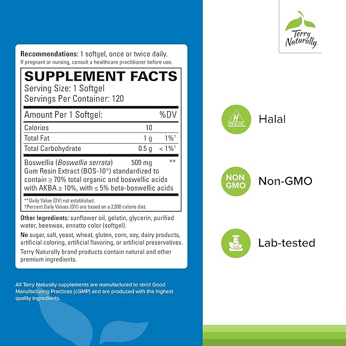 Terry Naturally BosMed 500 Extra Strength - Boswellia Serrata Extract Supplement - Supplement for Healthy Lung Support - Herbal Supplement Formula with High Levels of AKBA - 120 Softgels (Pack of 2)