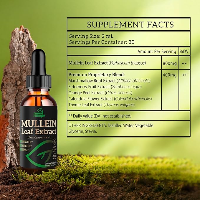 Mullein Leaf Extract for Lungs - Mullein Drops for Respiratory Health Support Lung Detox Cleanse - Vegan Sugar-Free Gluten Free - Liquid Supplement for Men Women 2fl. oz (60ml) (1 Pack)