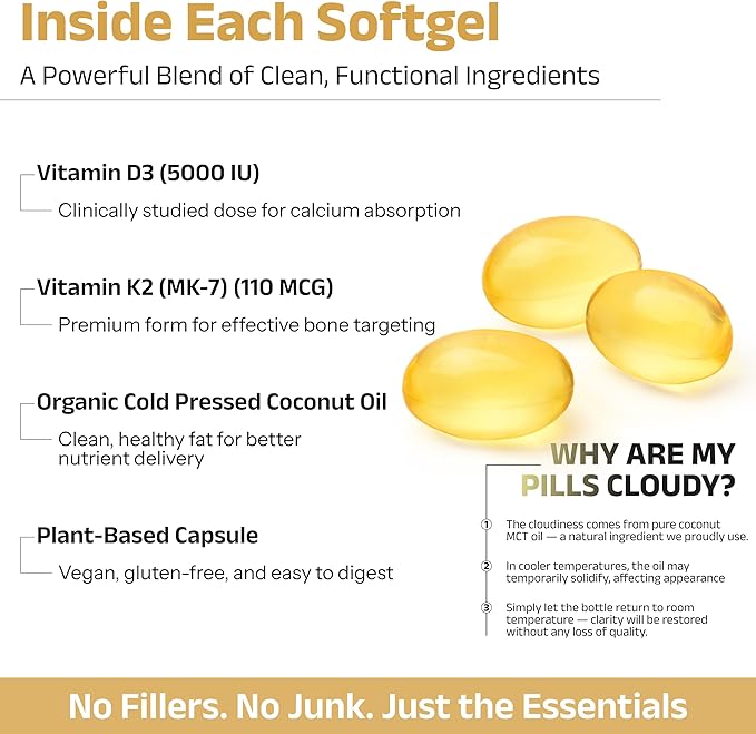 Vitamin D3 5,000 IU + Vitamin K2 (MK-7) 110 mcg Softgels – with Coconut Oil for Enhanced Absorption | Non-GMO, Easy-to-Swallow | Supports Bone and Immune Health | 60 Count