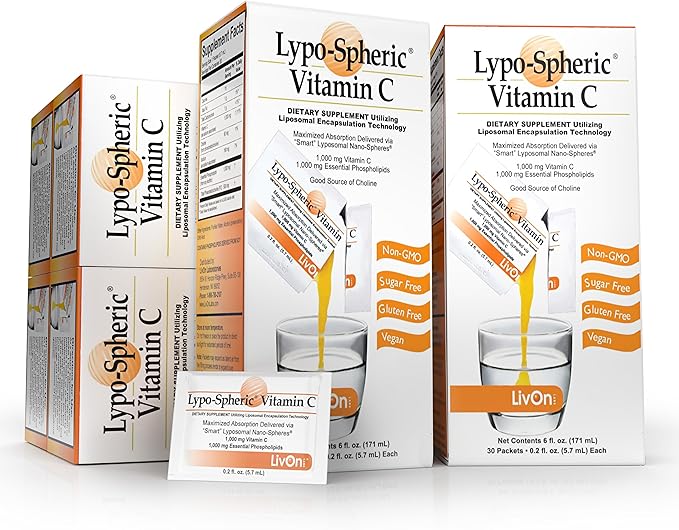 LivOn Laboratories Lypo–Spheric Vitamin C – 6 Cartons (180 Packets) – 1,000 mg Vitamin C & 1,000 mg Essential Phospholipids Per Packet – Liposome Encapsulated for Improved Absorption – 100% Non–GMO