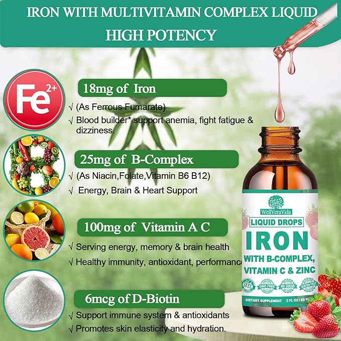 Vegan Iron+D3 K2 Vitamin Bundle:Iron with Vitamin C, B-Complex, Vitamin D3 K2 10000iu Coconut Oil Liquid Drops, Nutritional Bundle for Overall Well-Being