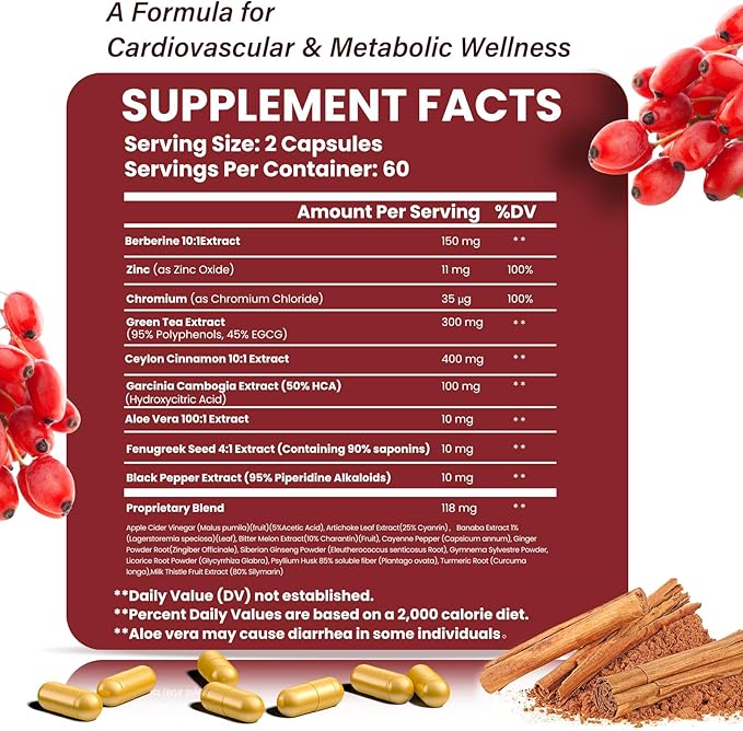 21-in-1 Berberine Supplement with Ceylon Cinnamon - Organic Berberine HCL Phytosome, 5X Higher Absorption for Metabolism Support 120 Capsules