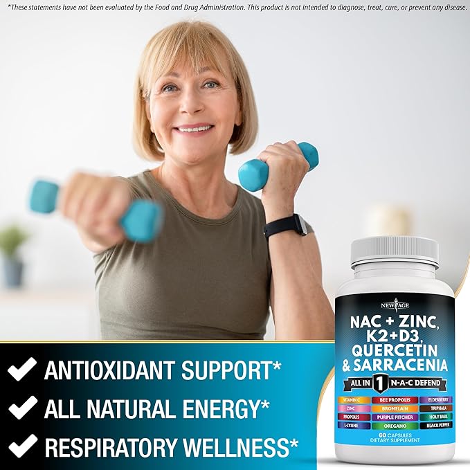 NEW AGE NAC Supplement N-Acetyl Cysteine- with Vitamin D3, K2, Zinc, Quercetin, Triphala, Sarracenia Purpurea, Elderberry, Holy Basil, Bee Propolis, Bromelain, L-Lysine - 120 Count