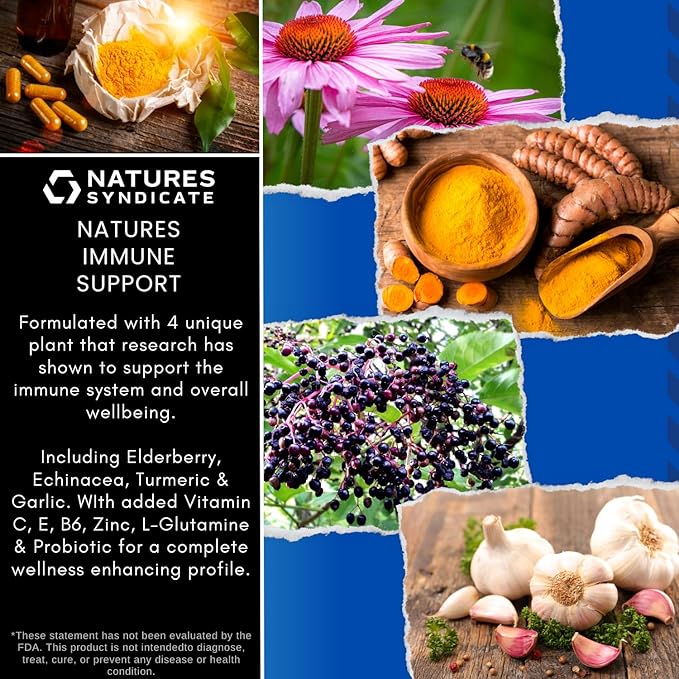 Immune Support Supplement - 10-in-1 with Echinacea, Elderberry, Garlic, Turmeric with Zinc, Vitamin C, E, B6 & L-Glutamine, 4.8 Billion CFU Probiotic for Adults