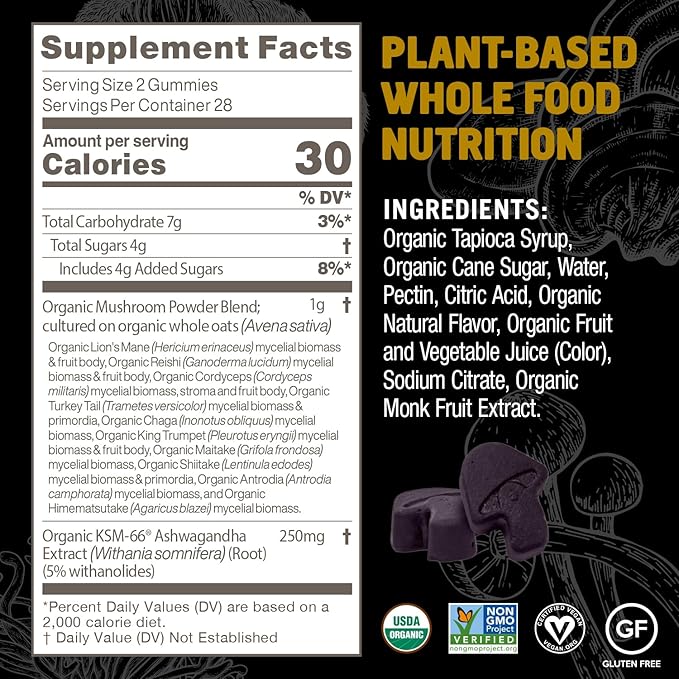 OM MUSHROOM SUPERFOOD Master Blend Mushroom Gummies, 56 Count, 28 Servings, Mixed Berry Flavor with 10 Mushroom Complex for Stress and Vitality