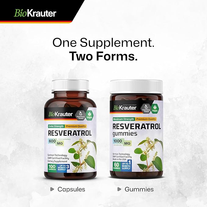 BIO KRAUTER Resveratrol Supplement Capsules 600 mg - 100 Count - Natural Antioxidant Source - 98% Pure Trans Resveratrol Powder - Vegan