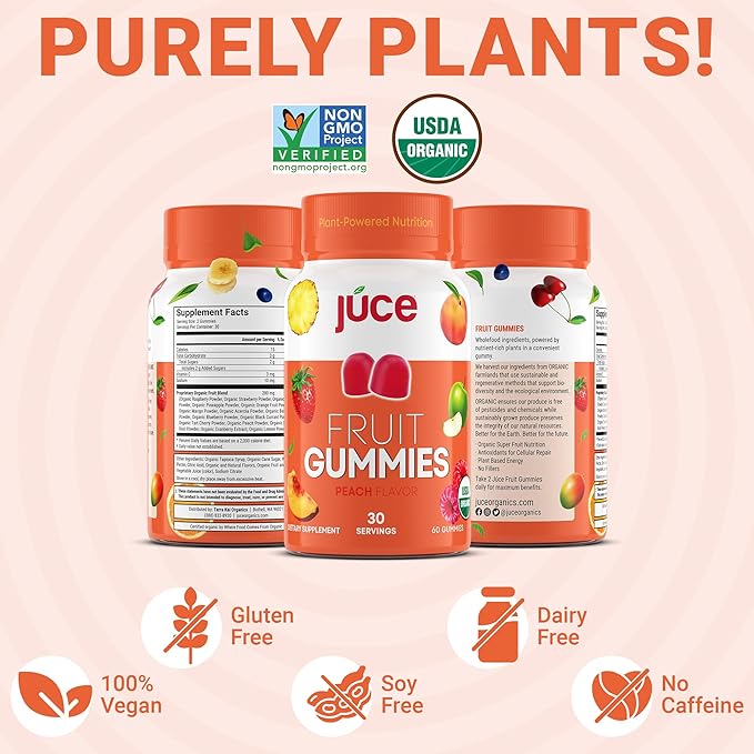 Juce Fruit Gummies with Peach Flavor - Superfood Gummies Delights for Optimal Health By Terra Kai Organics