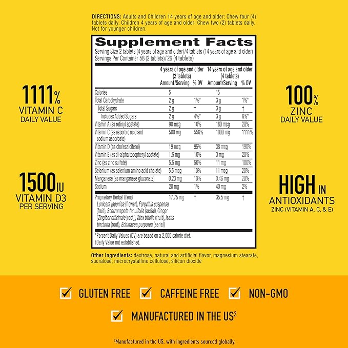 Airborne Vitamin C 1000mg (per Serving) - Citrus Chewable Tablets (116 Count in a Bottle), Gluten-Free Immune Support Supplement, with Vitamins A C E, Zinc, Selenium, Echinacea, Ginger, Antioxidants