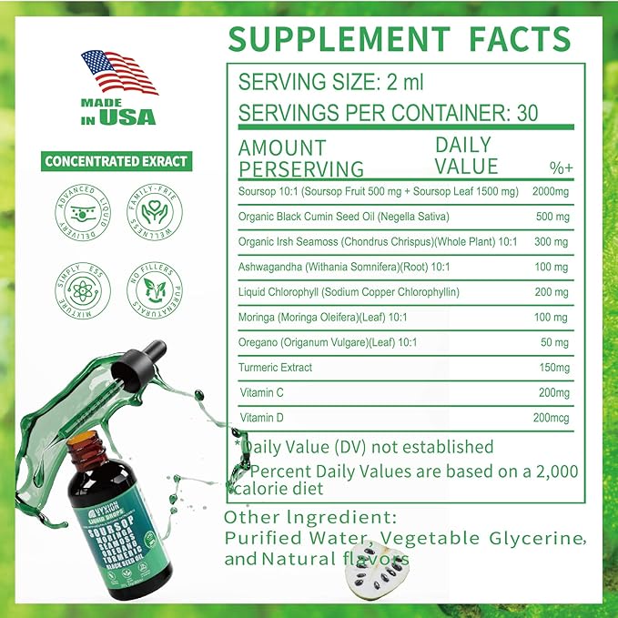 Soursop Bitters Liquid Drops 10 in 1 with Sea Moss, Moringa, Turmeric, Black Seed Oil, Oregano, Ashwagandha | Herbal Extracts for Overall Health-Enhancing | Vegan, Non-GMO | 2 Fl Oz