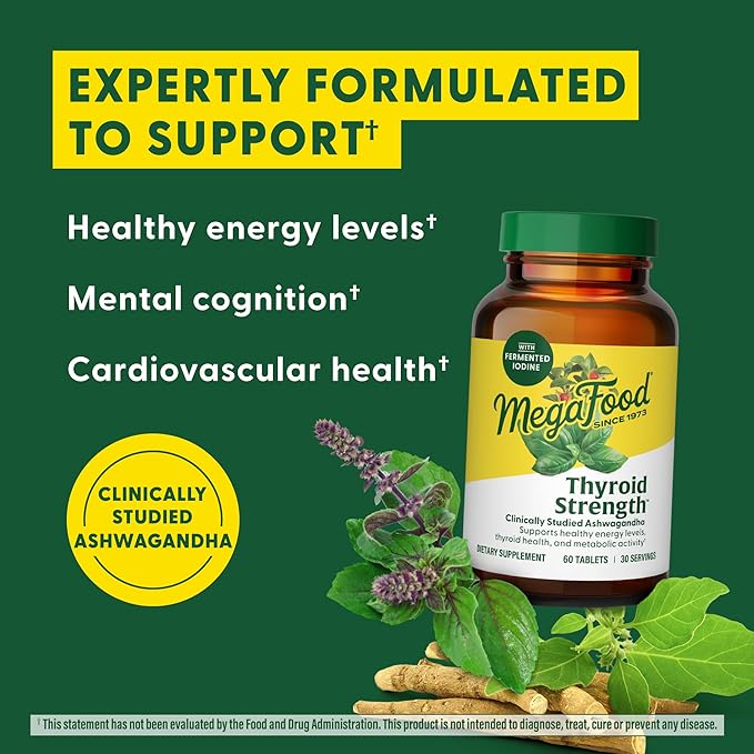 MegaFood Thyroid Strength - Mineral Supplement - Thyroid Support for Women with Ashwagandha, Zinc, Selenium, Copper, Iodine & L-Tyrosine & Herb Blend - Vegetarian - 60 Tabs (30 Servings)