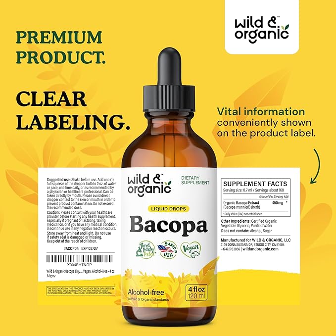 Wild & Organic Bacopa Liquid Drops - Herbal Tincture for Brain Support - Vegan Supplements with Bacopa Monnieri Extract Liquid - 5-Month Supply - Sugar & Alcohol-Free - 4 fl oz