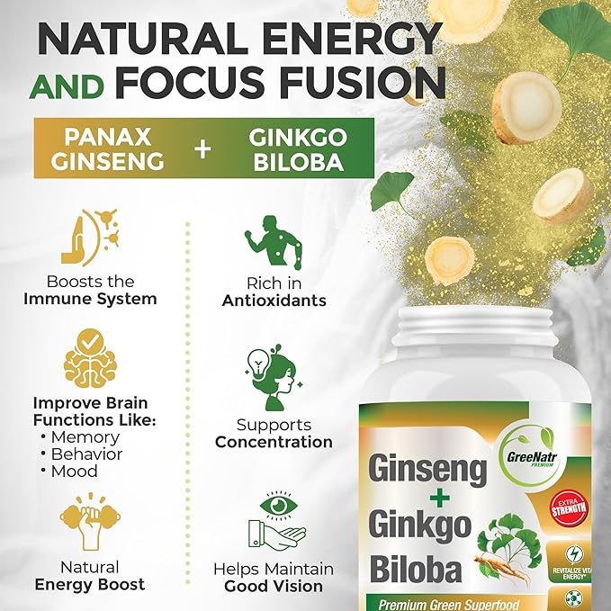 Ginko Biloba & Panax Ginseng Supplement - Red Ginseng Brain Supplement for Memory and Focus - Ginkgo Biloba Supplements for Good Vision, Immune System and Improved Blood Flow - 3 Bottles