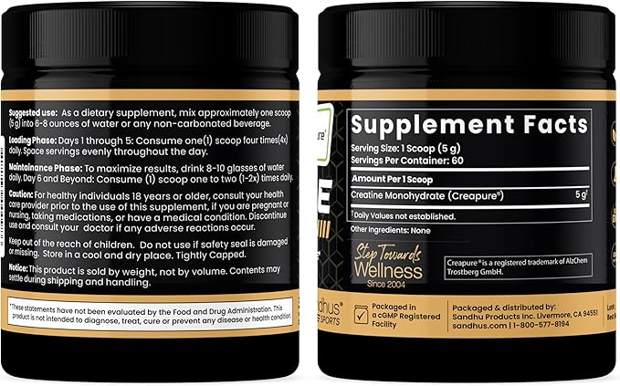 Sandhu's Creapure German Creatine Monohydrate Powder Supplements for Men & Women, Unflavored, 60 Servings, 10.58 Oz, Sport Supplement Supports Lean Muscle Building
