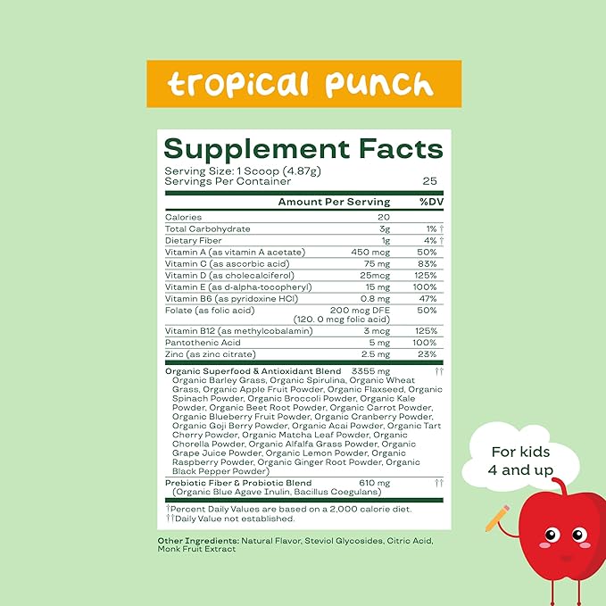 Bloom Nutrition Superfood Greens Powder for Kids, Digestive Enzymes, Probiotics, Prebiotics, Gut Health, Chlorella, Green Juice Mix w/Beet Root Powder (25 Servings (Pack of 1), Tropical Punch)